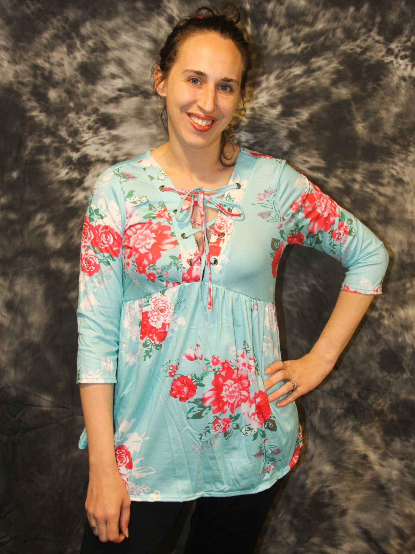 Blue (Pink) Floral 3/4 Sleeve Tie Top - The Country Butterfly