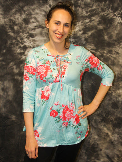 Blue (Pink) Floral 3/4 Sleeve Tie Top - The Country Butterfly