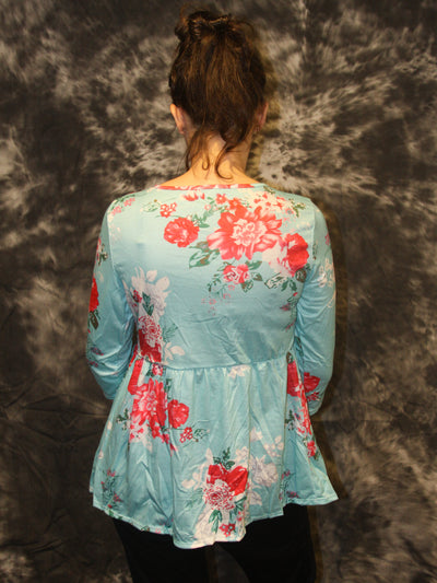 Blue (Pink) Floral 3/4 Sleeve Tie Top - The Country Butterfly