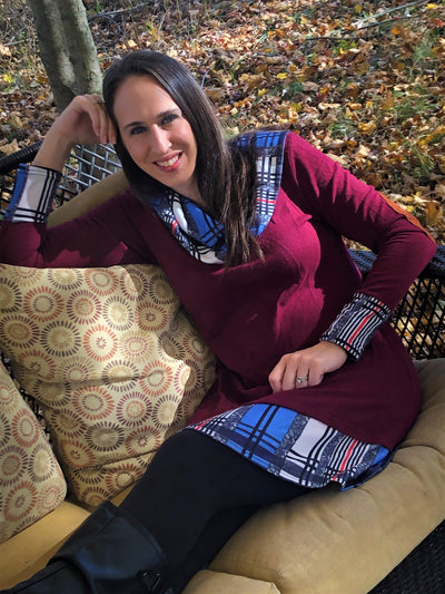 Women's Maroon with Blue Plaid Cowl Fall and Winter Sweatshirt Dress