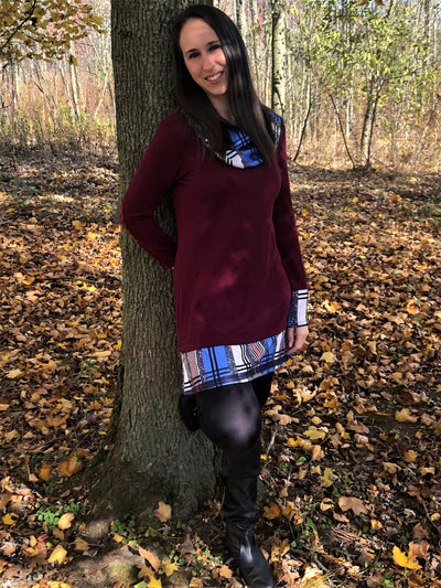 Women's Maroon with Blue Plaid Cowl Fall and Winter Sweatshirt Dress