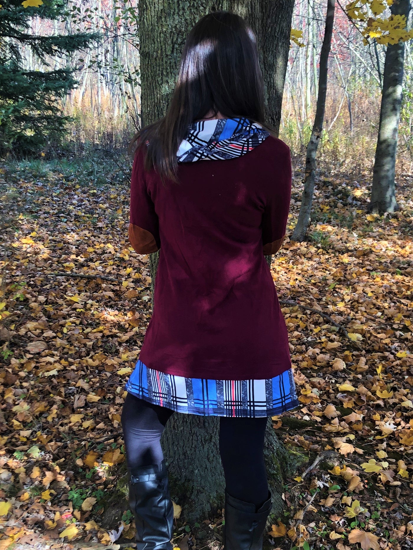 Women's Maroon with Blue Plaid Cowl Fall and Winter Sweatshirt Dress