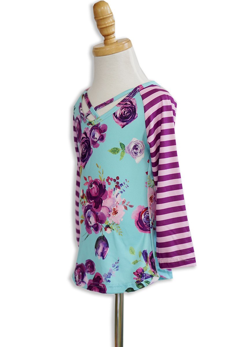 Purple Floral/Stripe Girls Top - The Country Butterfly