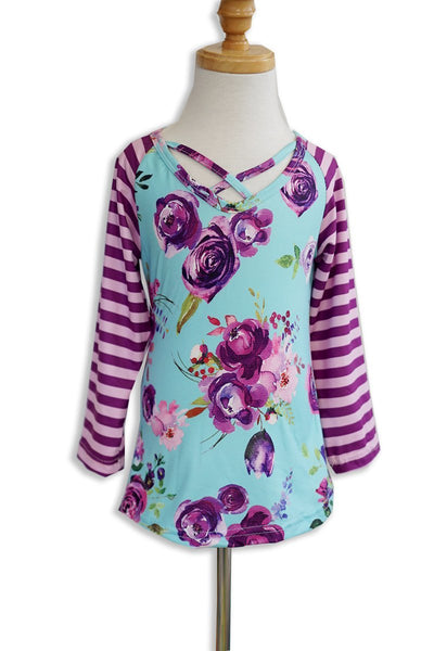 Purple Floral/Stripe Girls Top - The Country Butterfly