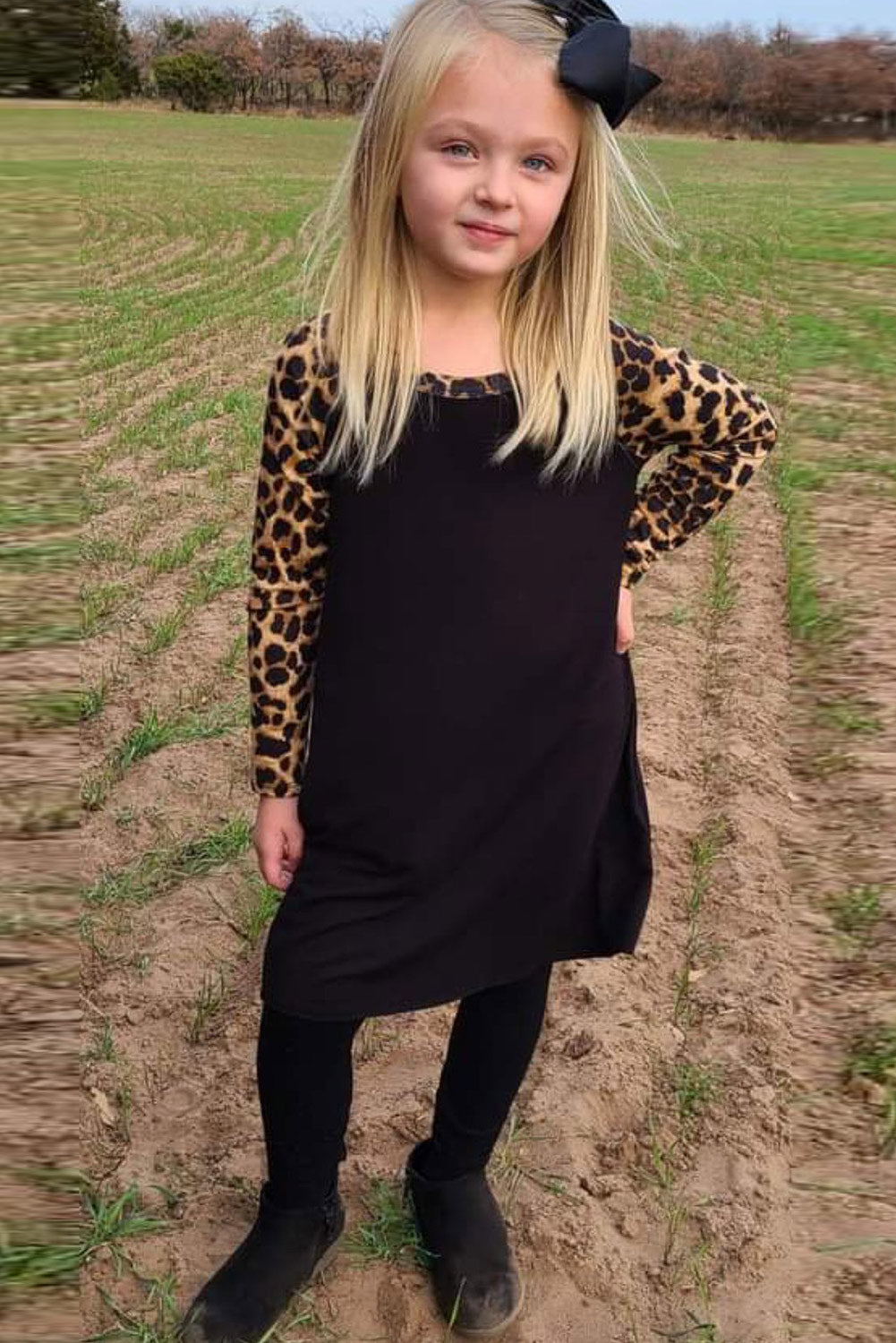 Girls Black Leopard Sleeve Dress