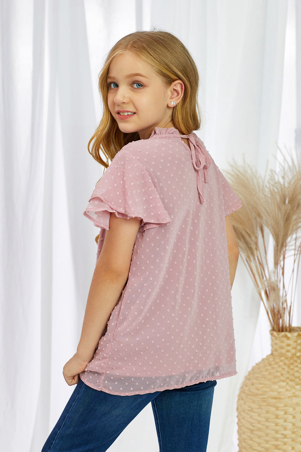 Girls Dot Ruffle Sleeve Top