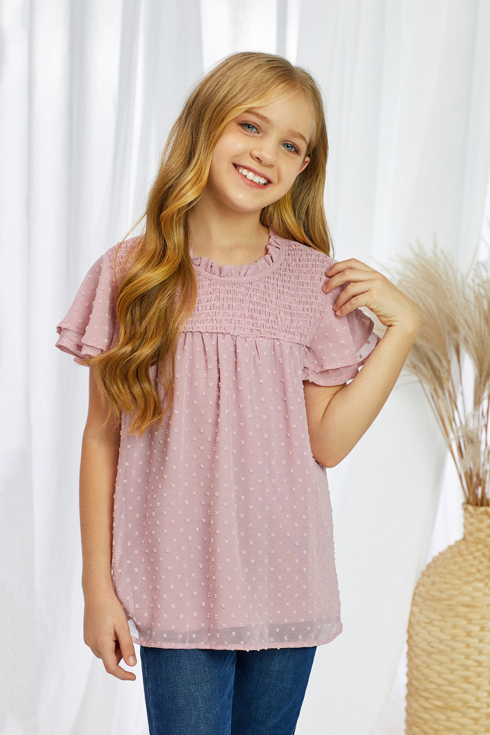 Girls Dot Ruffle Sleeve Top