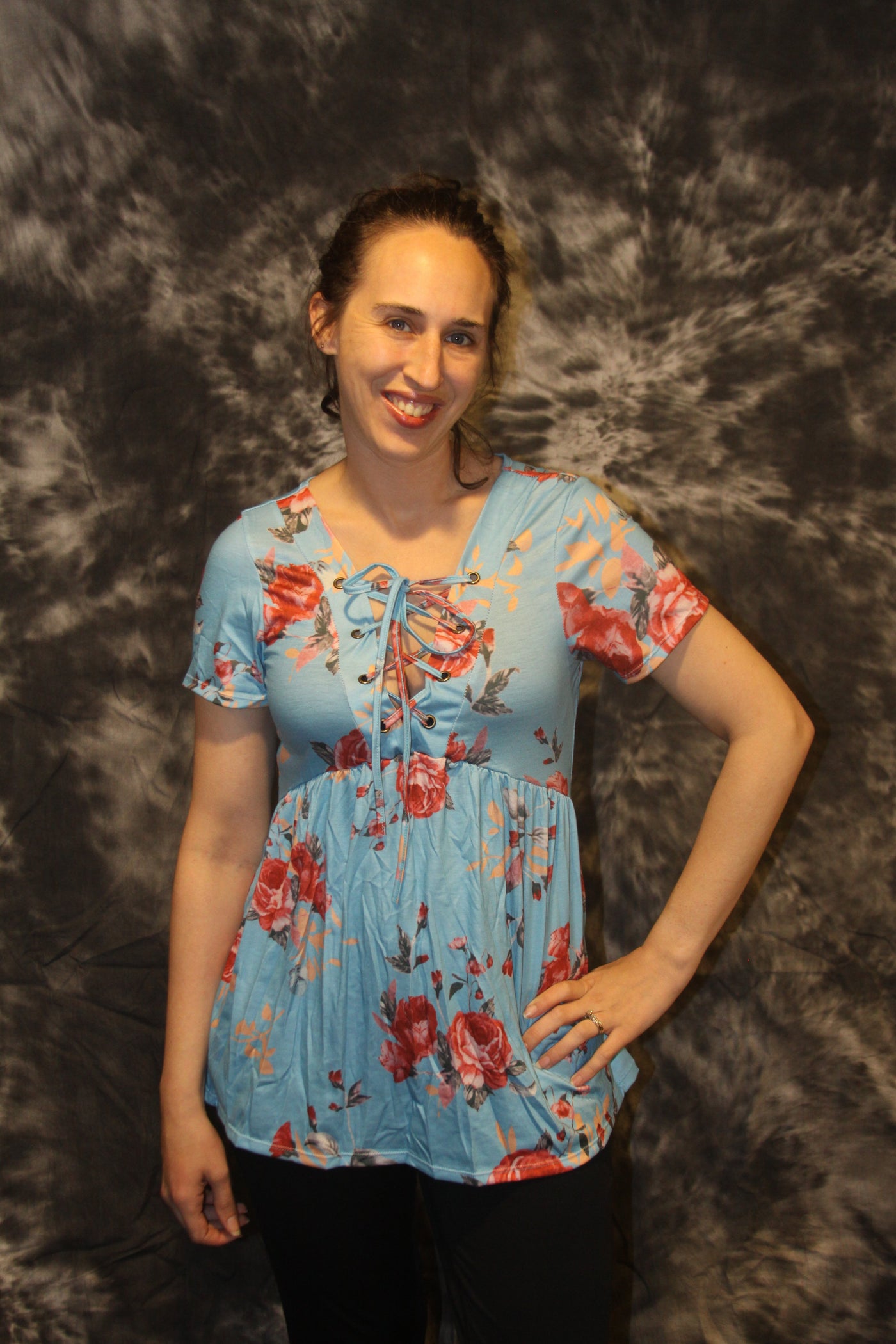 Women's Blue Floral T-Shirt Tie Top