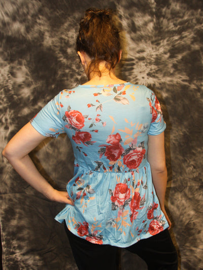 Women's Blue Floral T-Shirt tie top back view