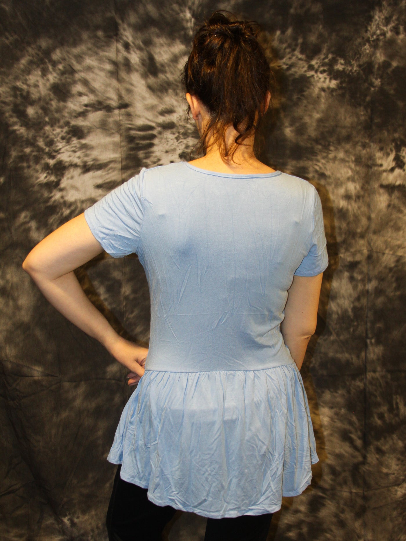 Women's Solid Light Blue Basic V-Neck Baby Doll T-Shirt back view