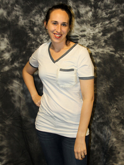 White Basic V-Neck T-Shirt with pocket