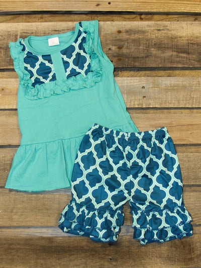 Aqua and teal boutique style summer 2 piece girls set