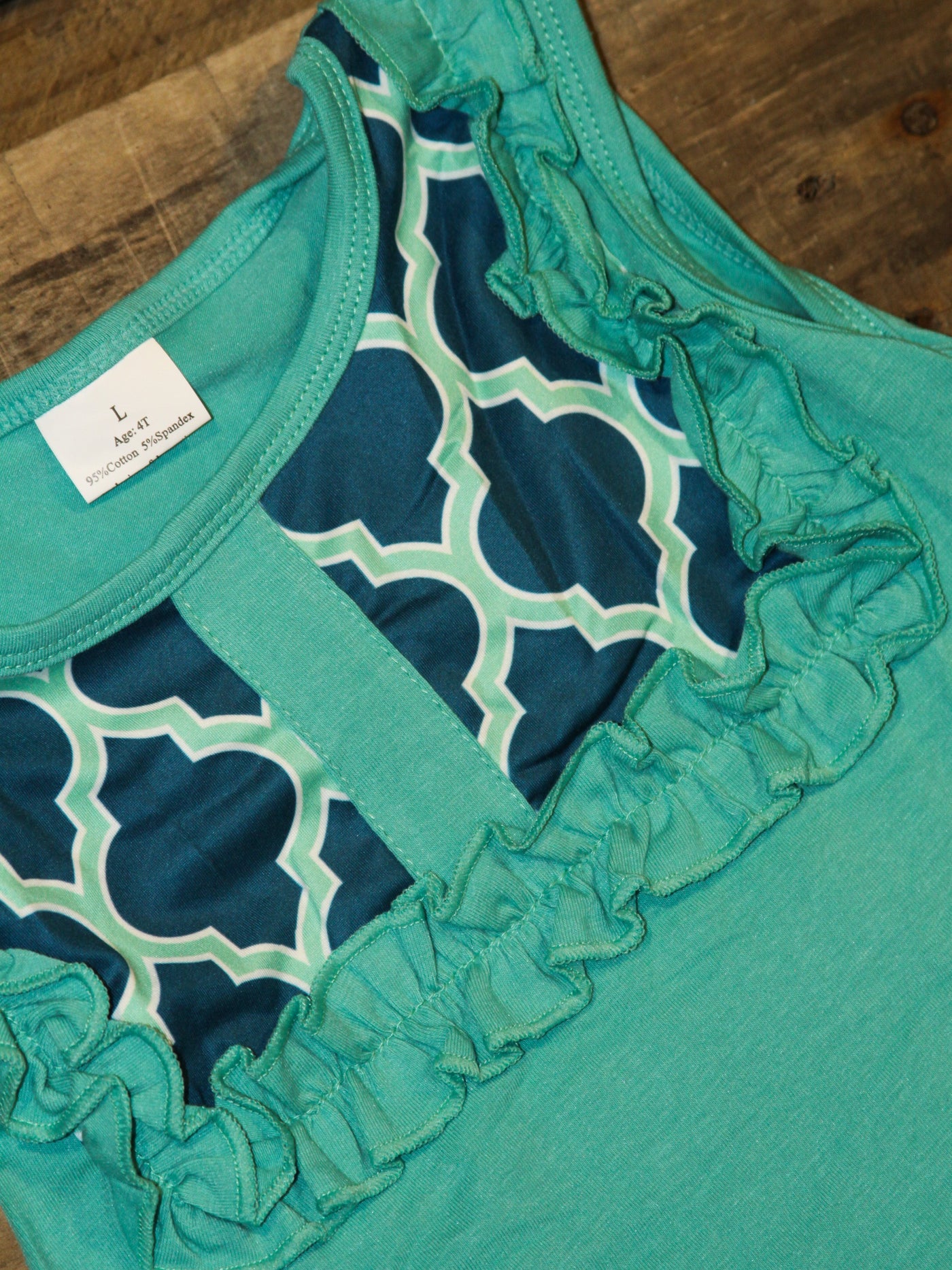 Aqua and teal boutique style summer 2 piece girls set up close