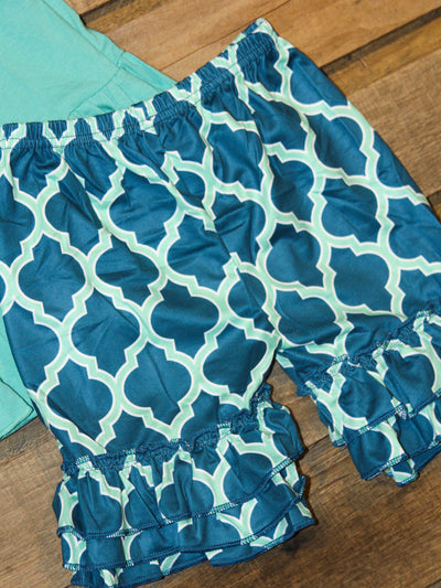 Aqua and teal boutique style summer 2 piece girls set up close of shorts