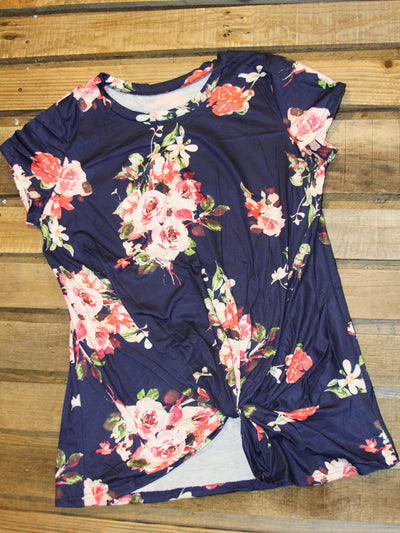 Women's Navy Blue Floral Twist Front T-Shirt