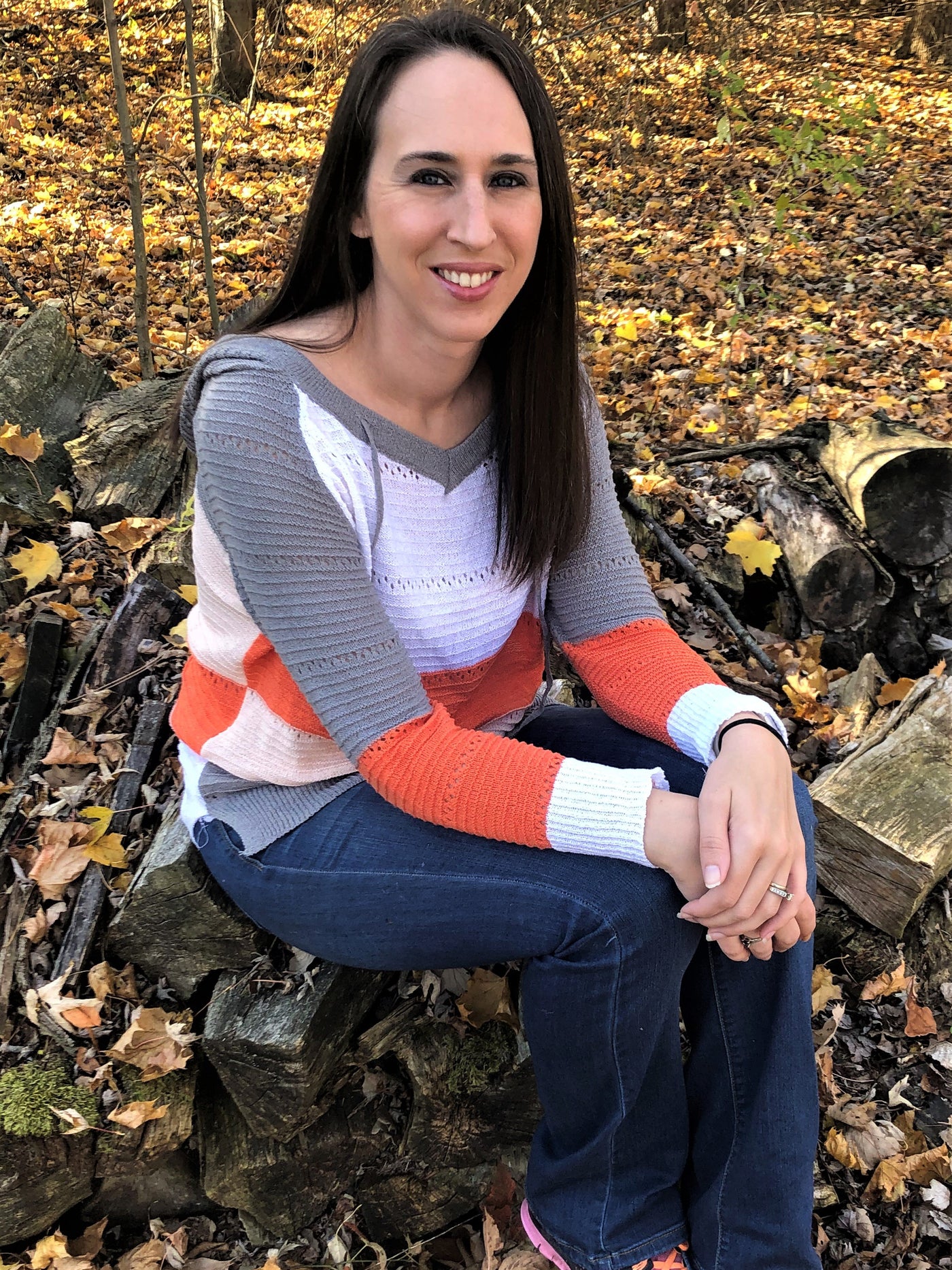Women's Orange Grey Color Block Stretch Knit Hoodie Sweater