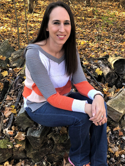 Women's Orange Grey Color Block Stretch Knit Hoodie Sweater
