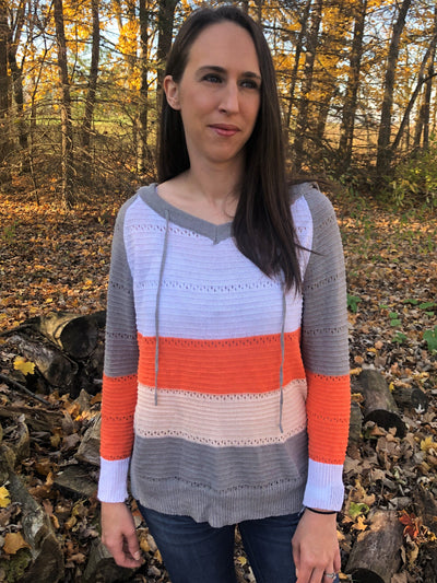 Women's Orange Grey Color Block Stretch Knit Hoodie Sweater