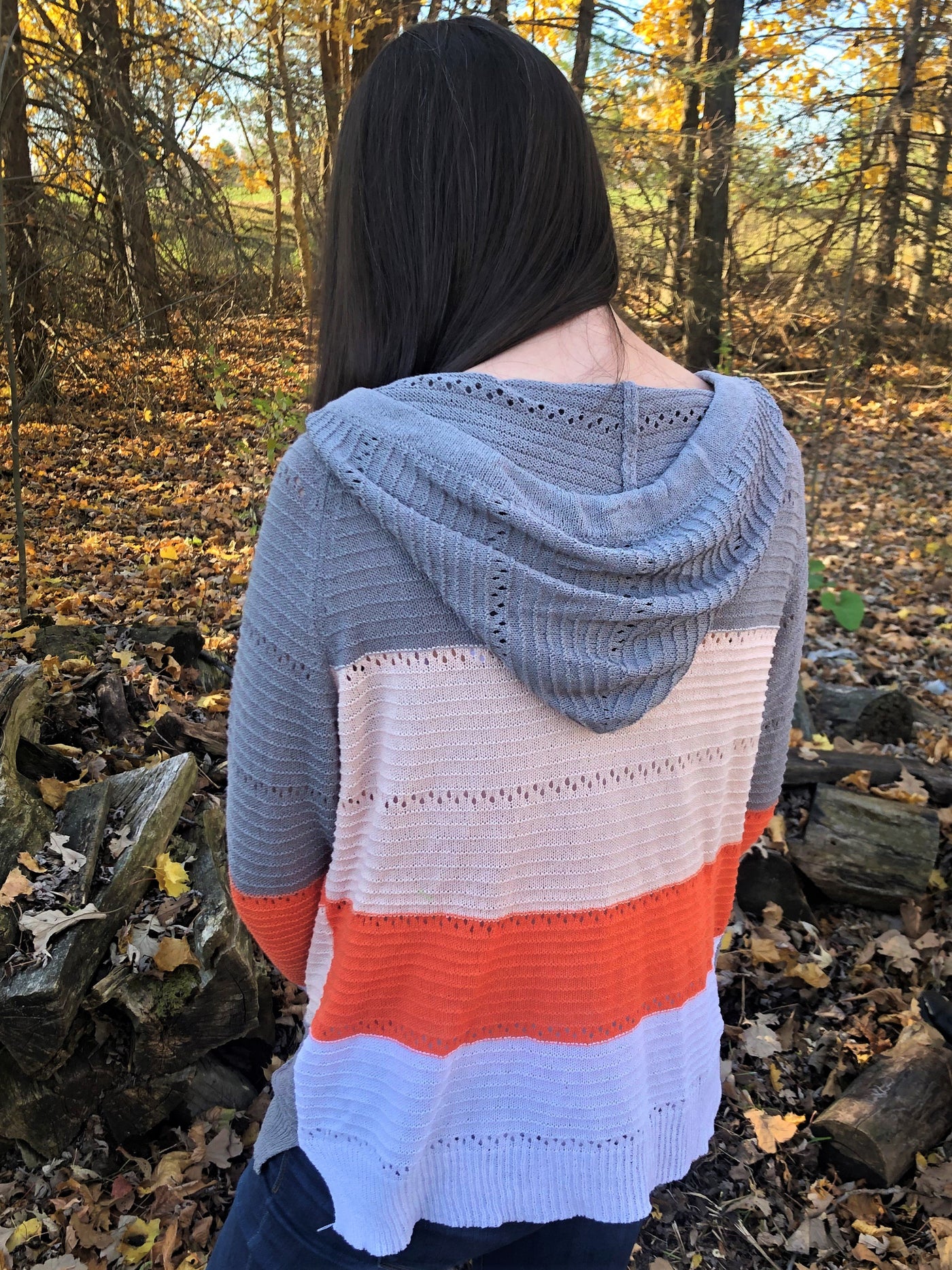 Women's Orange Grey Color Block Stretch Knit Hoodie Sweater