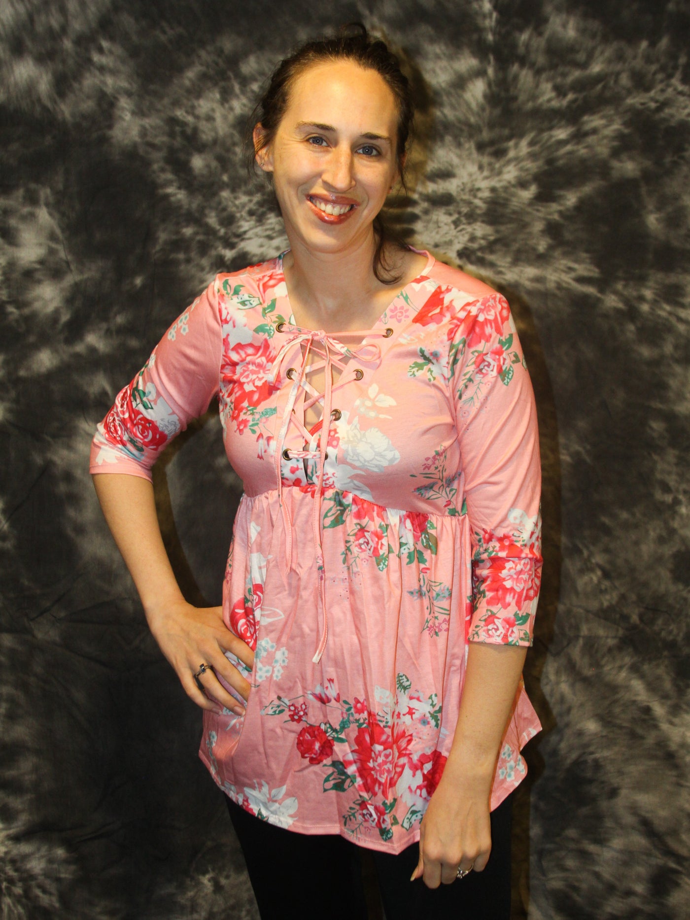 Blue (Pink) Floral 3/4 Sleeve Tie Top - The Country Butterfly